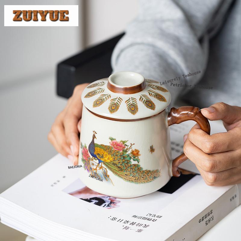 350ml Peacock Ceramic Filter Tea Separator Cup Handmade Tea Mug With Infuser Tea Maker Office Water Cup Tea Services Gift Craft