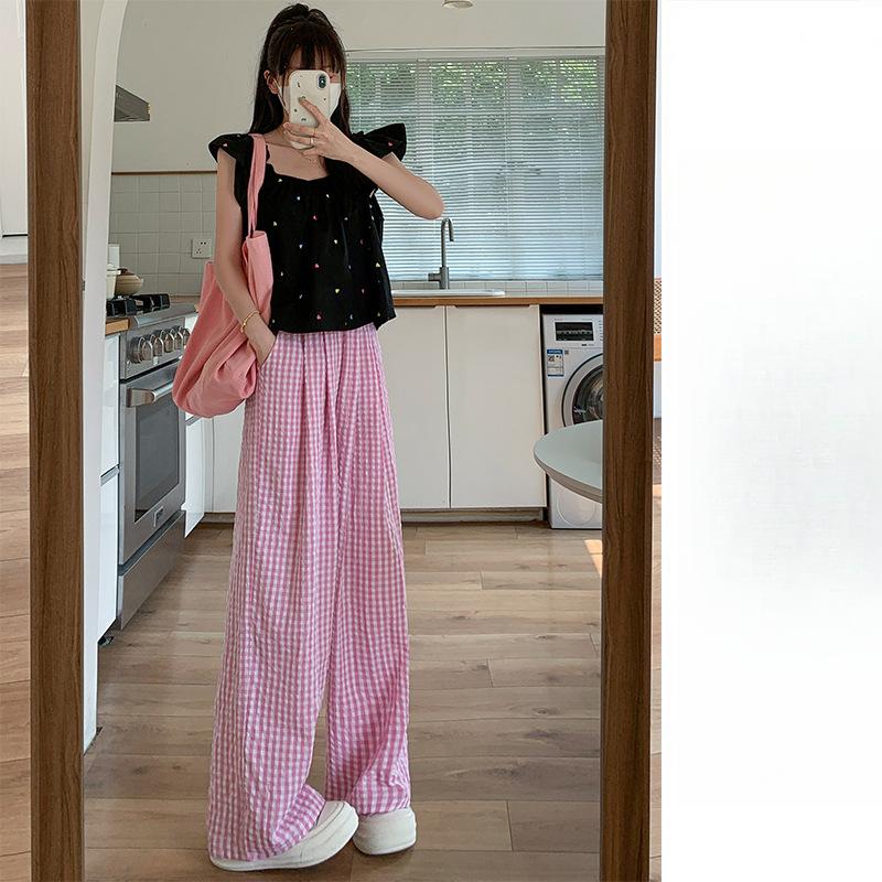 Blue Plaid Pants Women's Spring and Autumn New High-waisted Straight Loose Wide-leg Pants