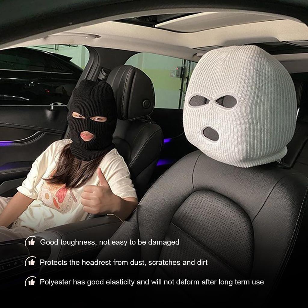 2 PCS Car Headrest Cover, Personalized Funny 3 Hole Auto Seat Full Face Mask Headcover, Ski Mask Wrap Protection for Front Seat Head Rest Decoration,