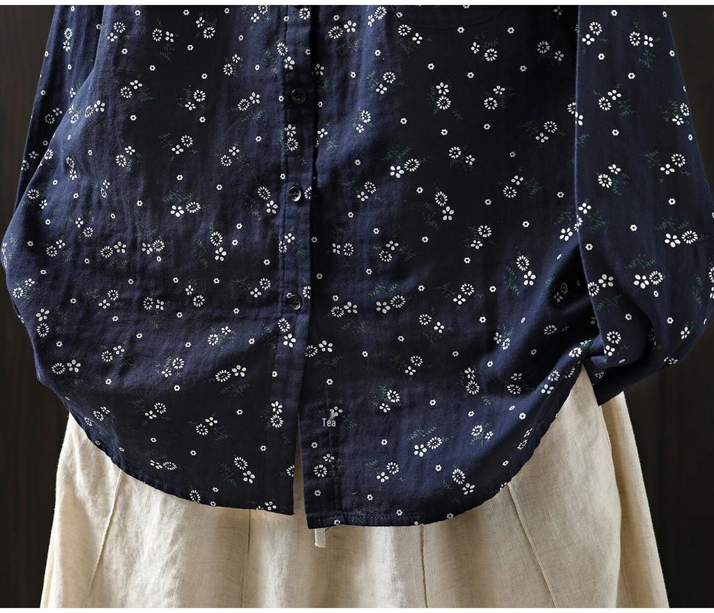 Женская рубашка из хлопковой марли с длинным рукавом в ретро-цветочном стиле, весна 2026