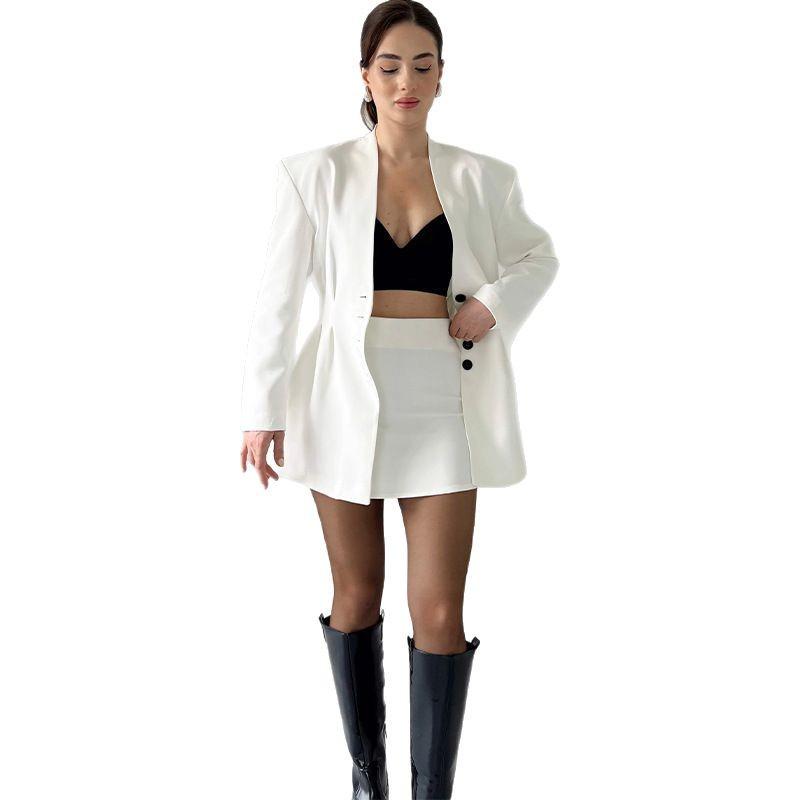 2025 Женский однотонный топ с длинным рукавом на пуговицах и комплект короткой юбки