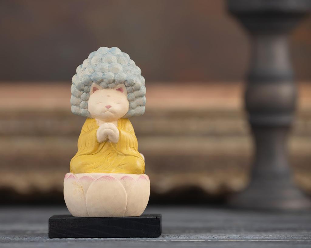 Cat Buddha Five Kalpa Contemplation Amida Original Sculptor and Butsuya Sakai Wooden Carving Buddha Statue Lucky Feng Shui Ornament Buddha,