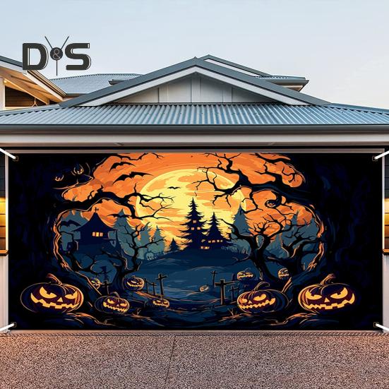 Украшение гаражных ворот на Хэллоуин, тыквенный замок, гаражные ворота, баннер, подвесной фон на Хэллоуин, фреска для стены, окна, двора