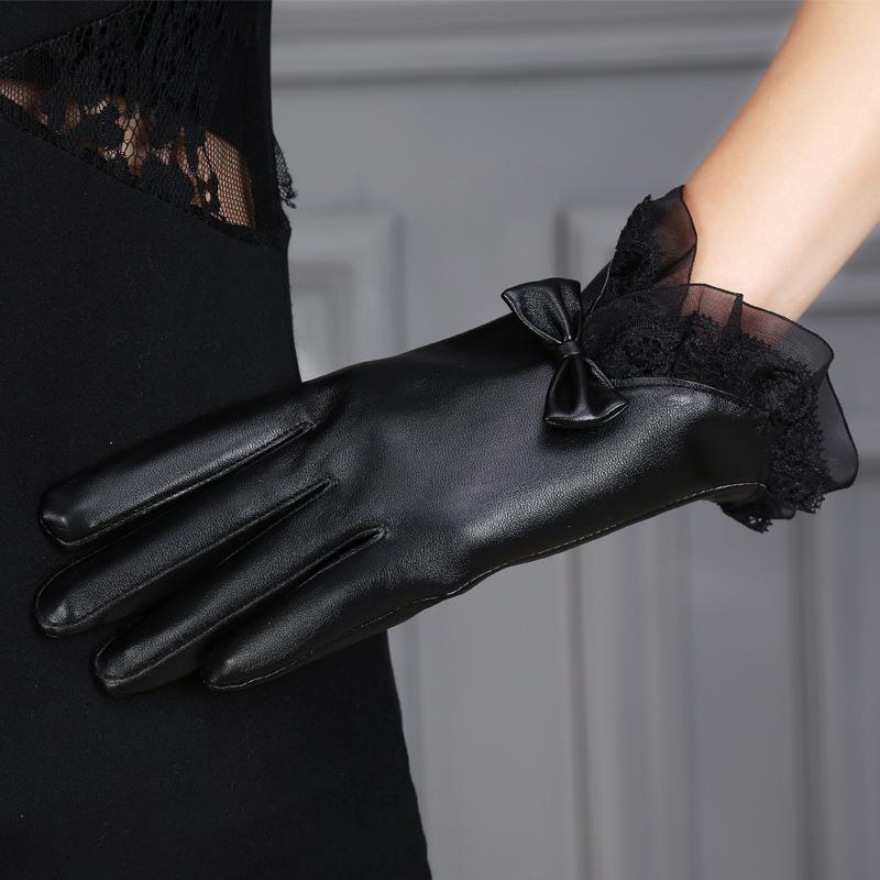 Ladies' Gloves with Bow Lace and Velvet Faux Leather Touch Screen Warm and Windproof PU Leather Gloves Simple and Elegant