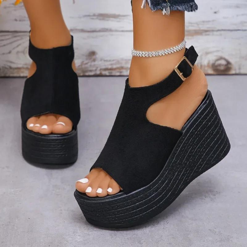 2024 New Solid Color Women's Wedge Sandals Summer Fashion Thick Sole Buckle Casual Comfortable Walking Sandals Women's Shoes