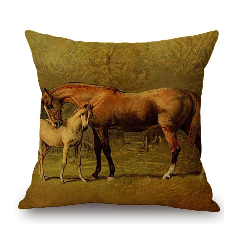 Horse Oil Painting Home Modern Decoration Art Cotton Linen Sofa Throw Pillow Case Lovely Mane Foal Pony Car Seat Cushion Cover