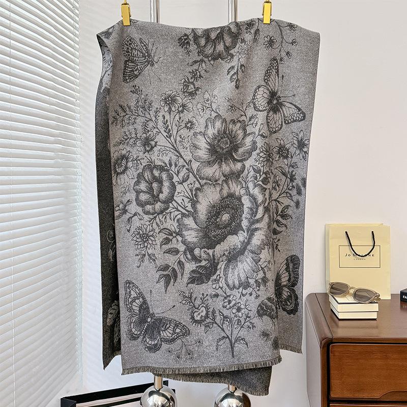 Autumn And Winter Peony Butterfly Style Retro Literary Style Printing Women'S Warm Scarf Shawl