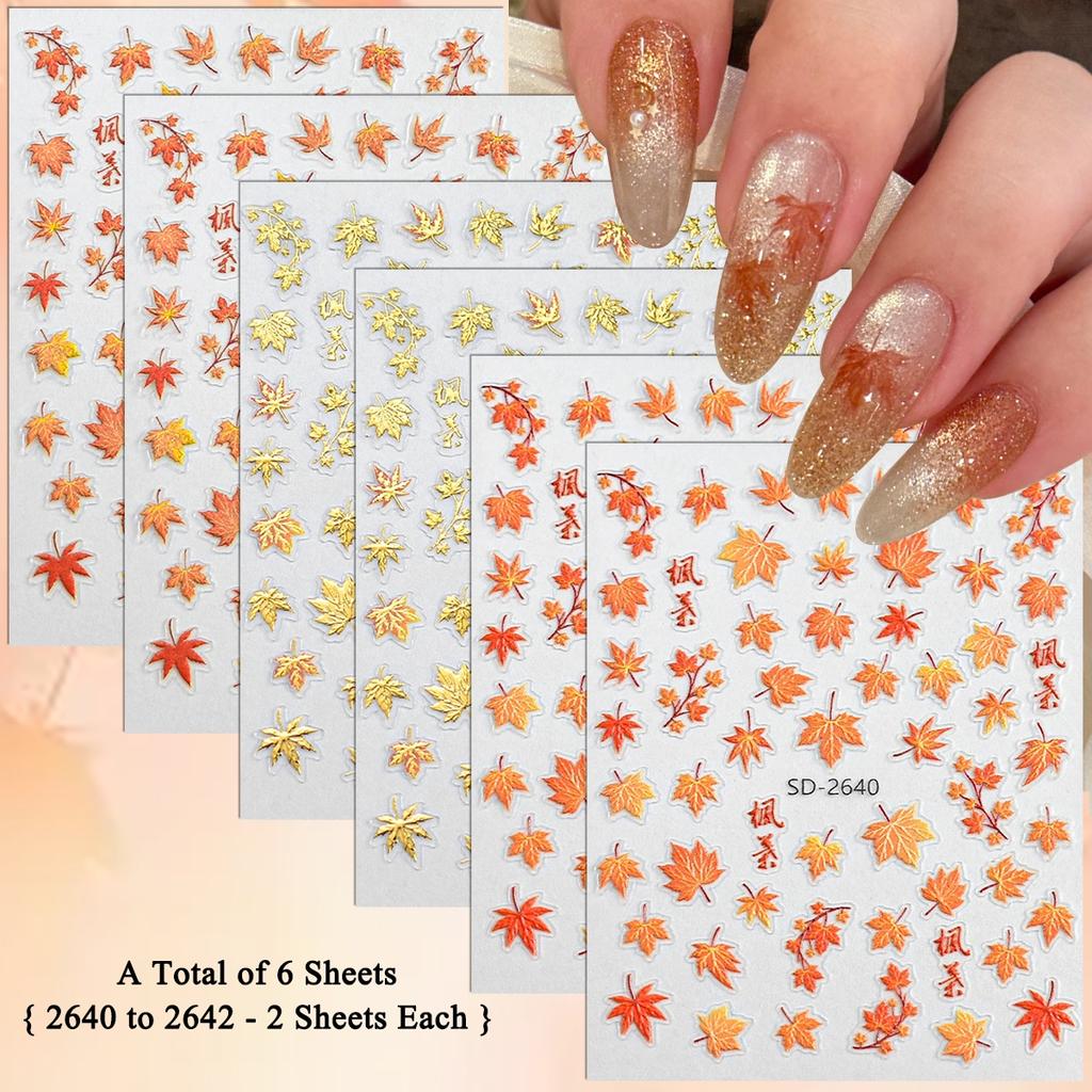 3 to 30 Sheets Autumn Maple Leaves Nail Stickers 5D Embossed Gold Foil Fall Leaf for Nails, Self-Adhesive DIY Manicure Art
