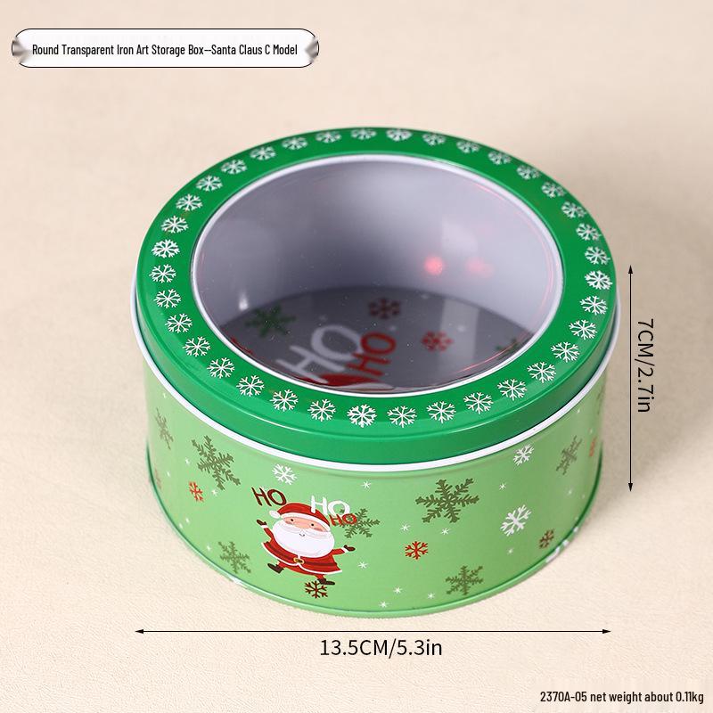 Круглая прозрачная жестяная коробка для рождественских подарков: печенья, конфет и шоколада.