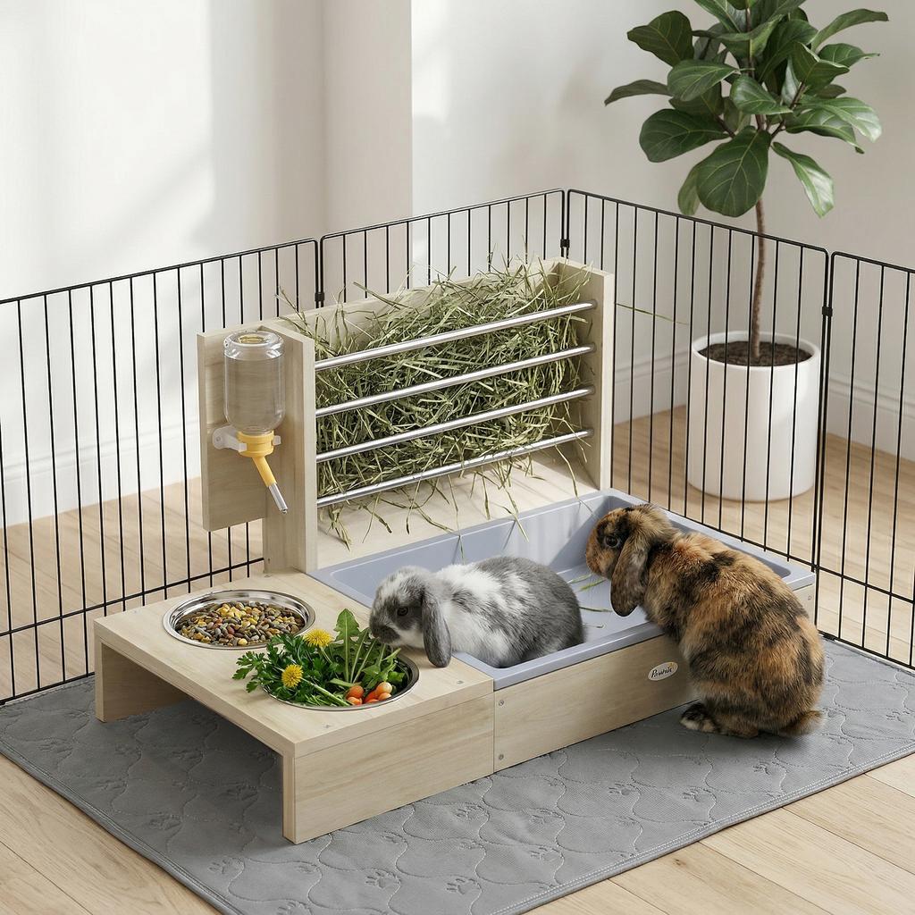 Wooden Hay Rack For Rabbit 3 In 1 Feeder With Litter Box And Water Bottle 58x40x32cm Natural Wood