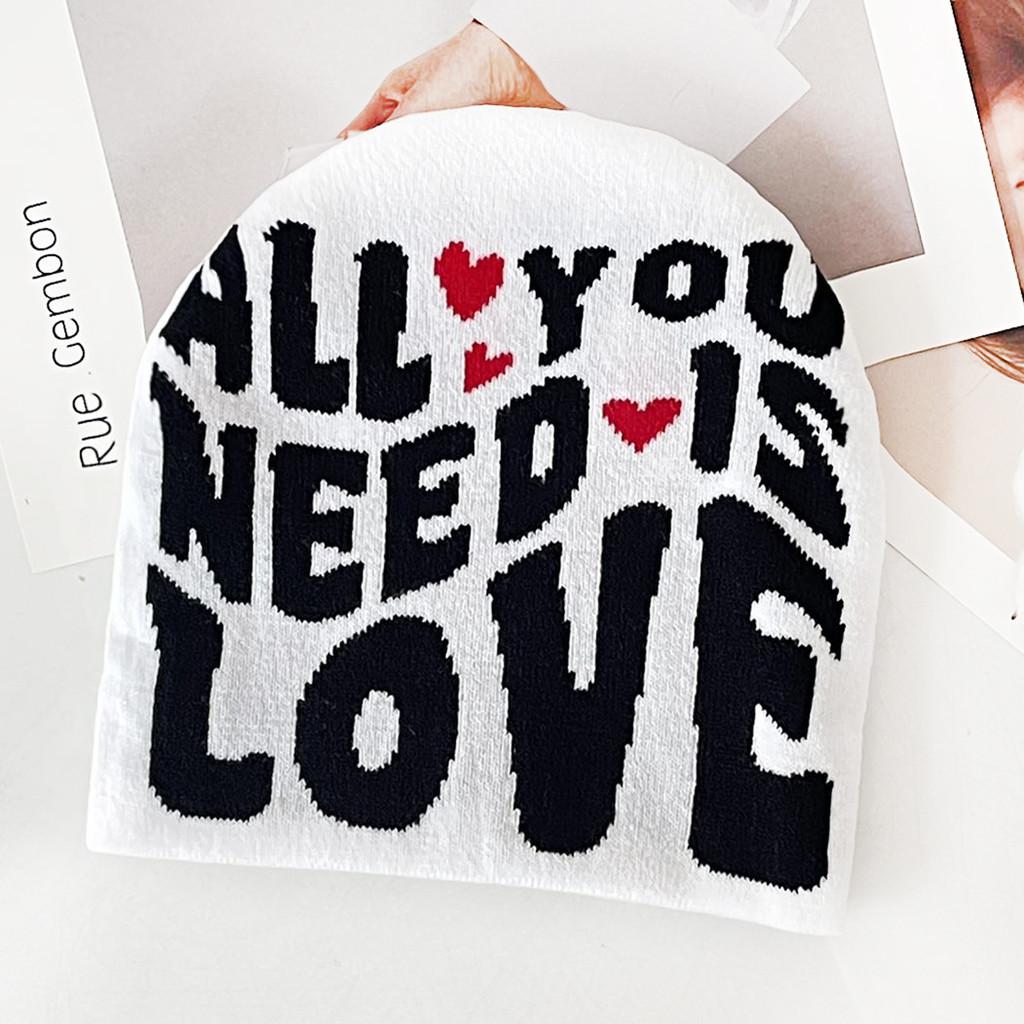 Blocked Simple Color Letter And Heart Pattern Women Casual Warm Hat Knitted