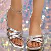 Classic Solid Silver Cross Strap Slip On Sandals Women 2025 Summer Medium Heels Slippers Sexy Square Toe Party Shoes Plus Size43