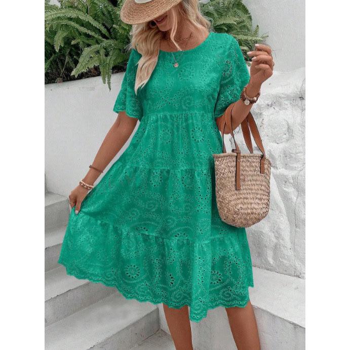 Summer Women Dress Hollow Out Pleated A-line O Neck Short Horn Sleeves Midi Dress Patchwork Solid Color Big Swing Lady Dress