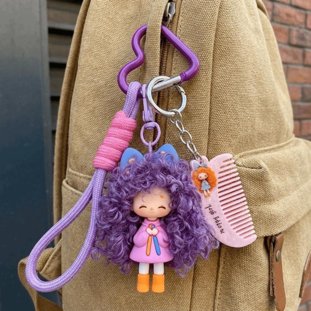 Soft Rubber Halyard Heart Keyring Colorful Bag Pendant Sweet Curly Hair Doll Keychain Women Gift