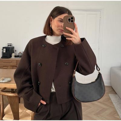 Винтажные женские двубортные свободные куртки с круглым вырезом и толстыми карманами, шикарная уличная верхняя одежда с длинным рукавом, женские шерстяные короткие пальто