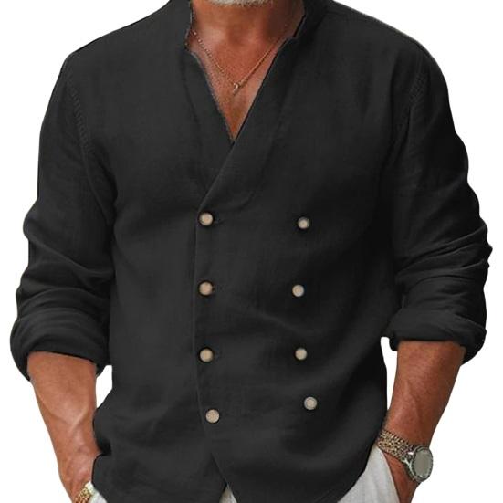 Fall Spring Men Shirt Double-breasted Stand Collar Cardigan Long Sleeves V Neck Loose Mid Length Casual