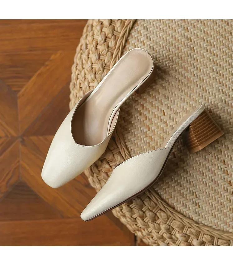 Летние женские полутапочки Baotou без шнуровки, однотонные женские мюли с квадратным носком на толстом высоком каблуке, Zapatillas Mujer