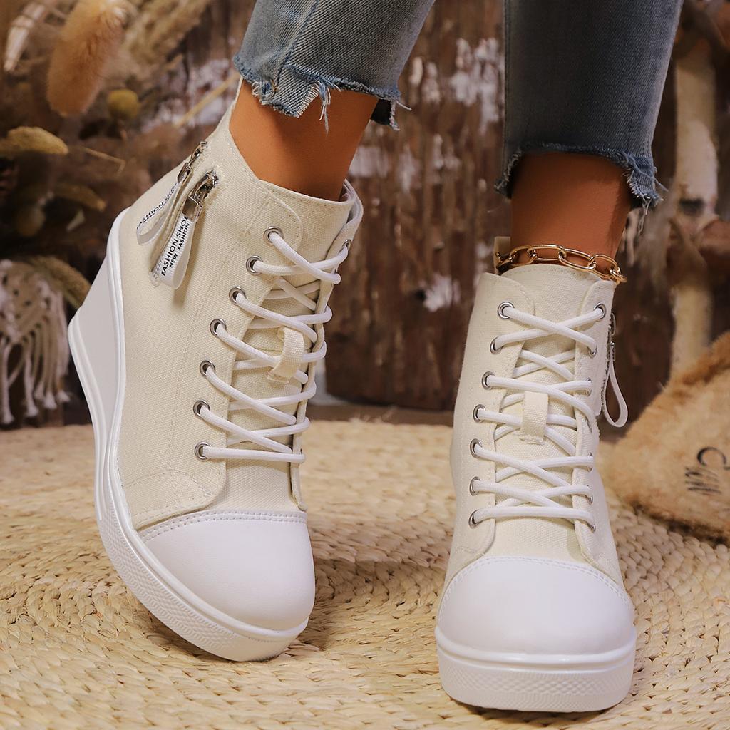 Fashion Wedge Side Zipper Increased High Breathable Sneakers 2025 New Women Lace-Up Platform Outdoor Wedge Invisible Heel Canvas Shoes