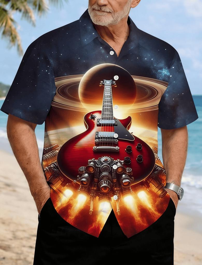 Men's Starry Sky Vintage Print Short Sleeve Shirt, Spring Summer Sci-Fi Casual Vacation Blouse, Loose Casual Top