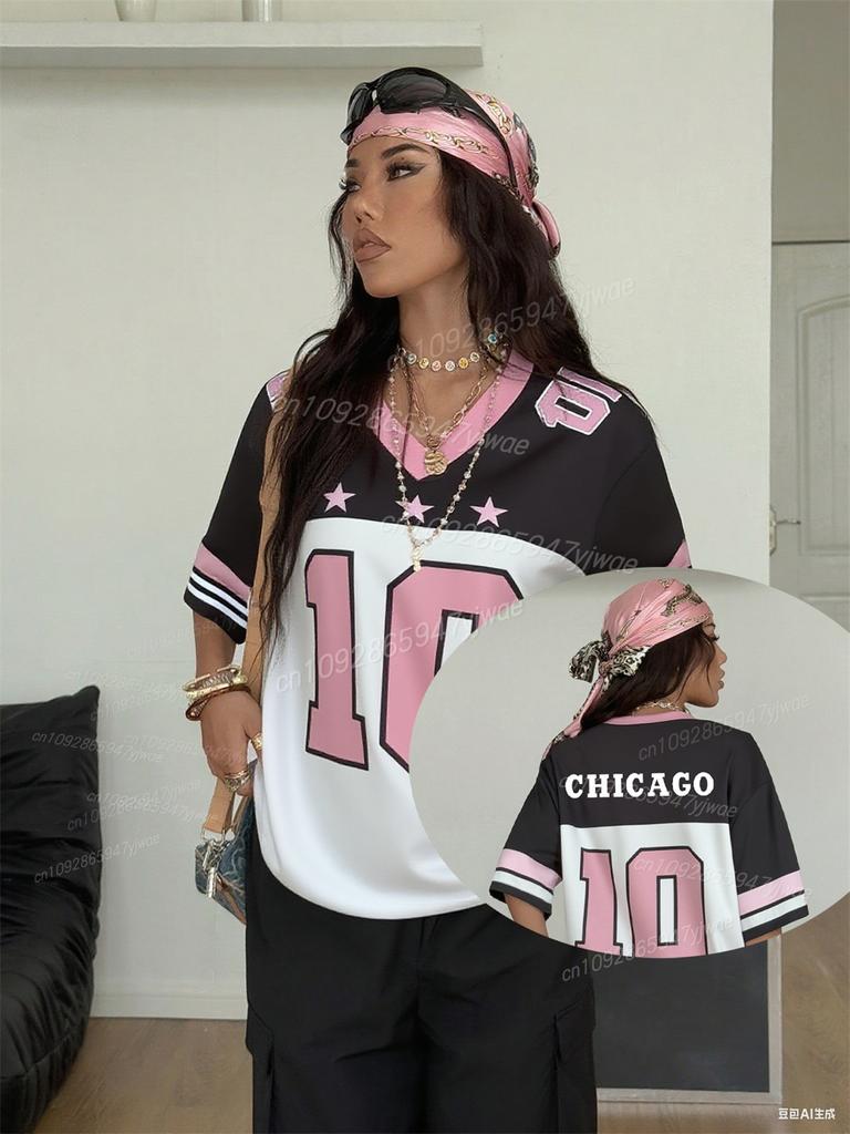 Women'S Summer Streetwear Couple Same Style Casual V-Neck Letter Graphic T-Shirts Oversized Casual Sportwear Jersey T-Shirt