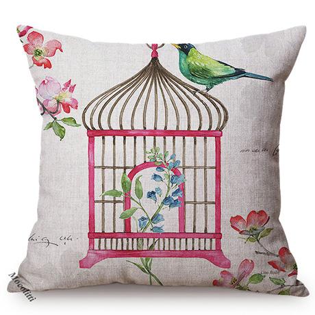 Nordic Water Color Birdcage Birds Sofa Decoration Throw Pillow Case Plum Blossom Garden Cotton Linen Print Cushion Cover Cojines
