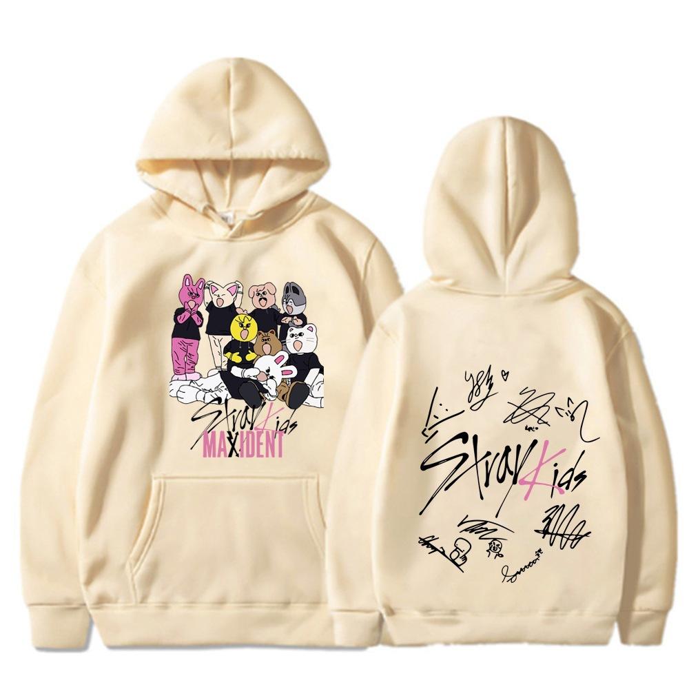 Худи с принтом персонажей Stray Kids, Мультяшный групповой принт спереди, Графический рисунок с подписями участников сзади, Капюшон на шнурке, Оверсайз, Унисекс, Уличная одежда K-Pop
