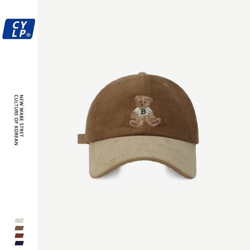 Корейская милая мультяшная вышитая бейсболка с медведем для женщин на зиму, вельветовая студенческая модная бейсболка с контрастным цветом в стиле пэчворк