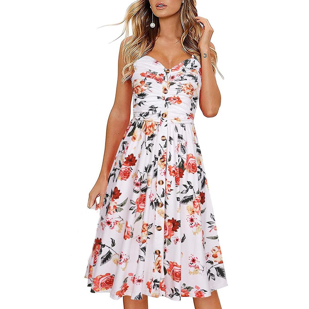 Fashion Women's Casual V-Neck  Printed Button Straight Knee Length Dress