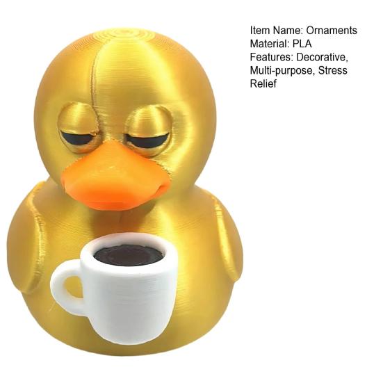 3D Printed Coffee Duck Collectible Figurine, Detailed Gold Duck Holding Coffee Cup Desk Decor for Colleagues And Friends