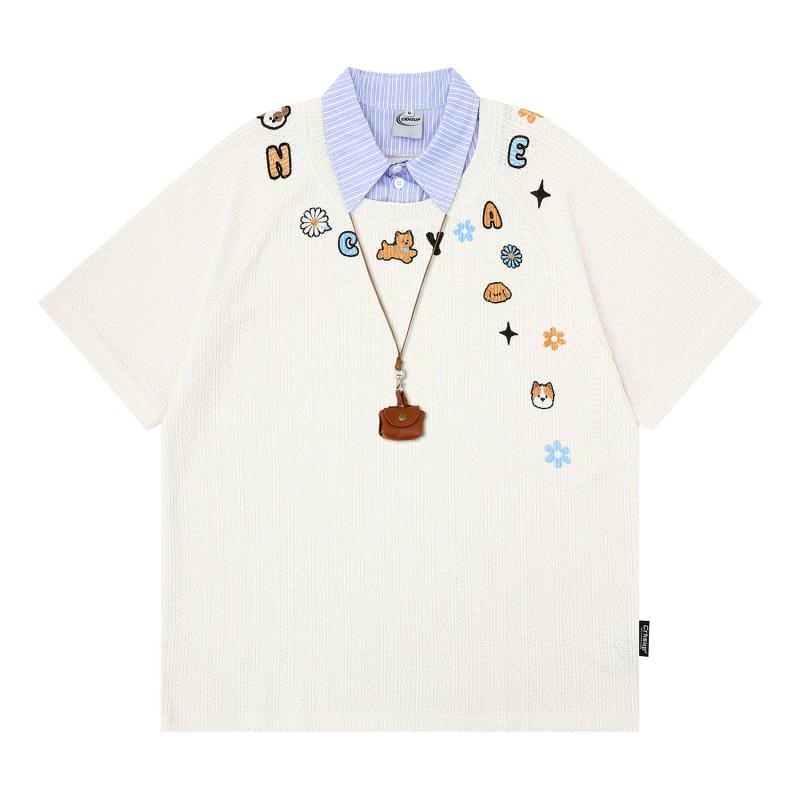 American Vintage Patchwork Polo Shirt Fake Two-Piece Dog Print Mini Bag Charm Loose Fit Short Sleeve Young Adults