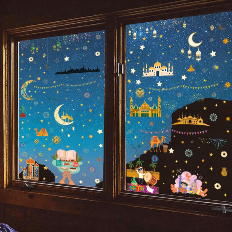 Украшения для стен на фестиваль Ближнего Востока Луна Звезда Фонарь Украсить Стеклянные Наклейки Съемные Клейкие Наклейки на Стену