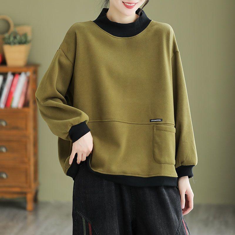Women's Pullover Sweatshirt Color Blocked Semi High Neck Loose Warm Mom Casual Top Women
