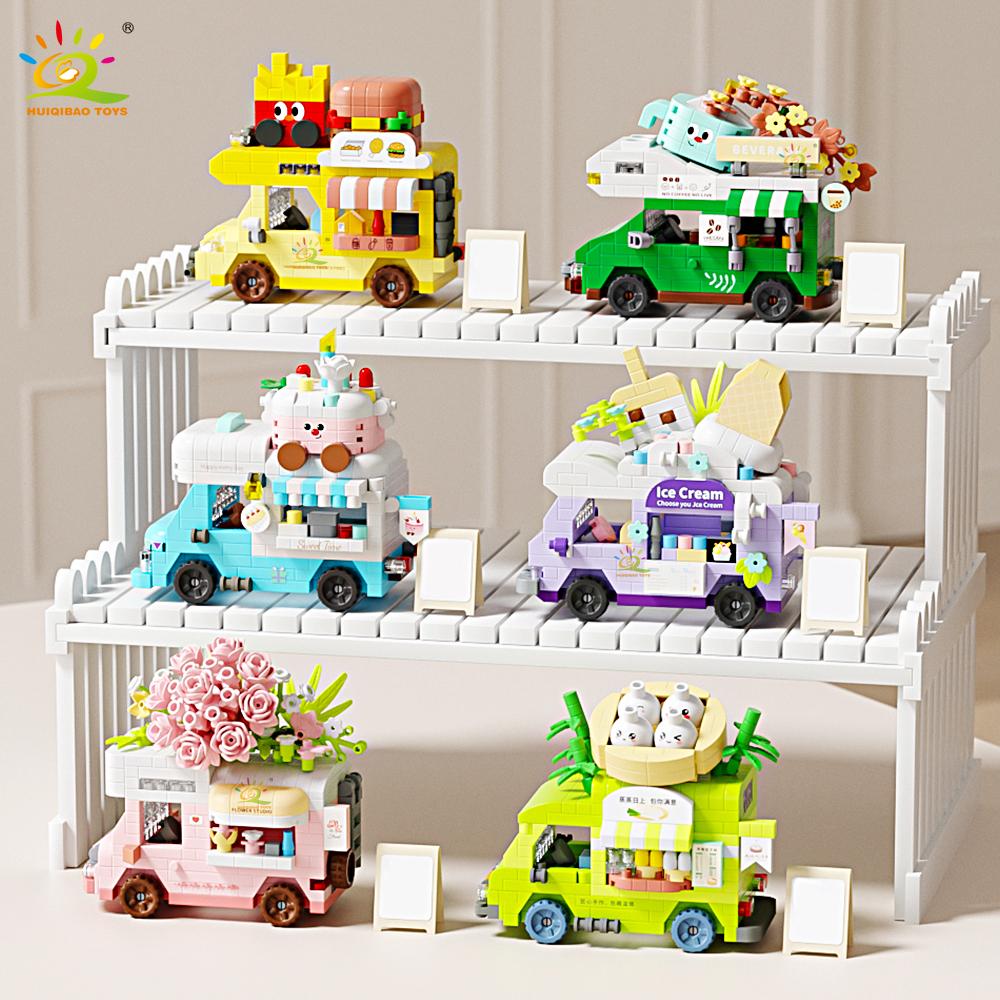 HUIQIBAO Модель фургона с уличной едой Микро строительные блоки MOC Фургон цветочного магазина Набор кубиков Милое украшение Декоративная игрушка для ребенка Девочки