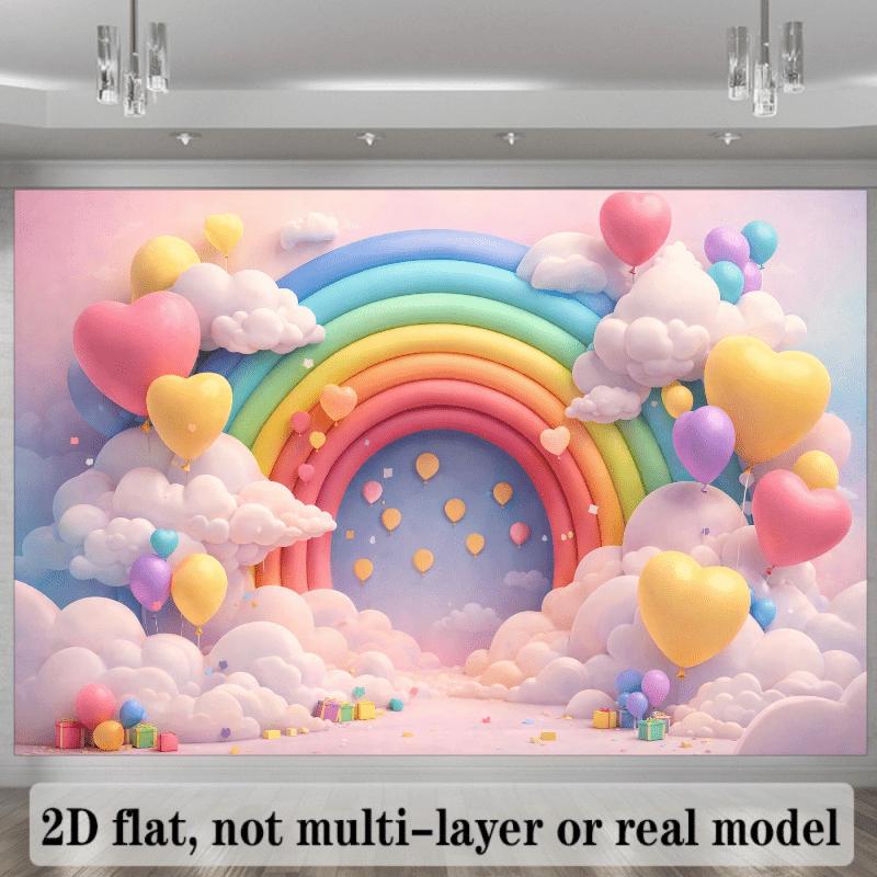 2D flat banner, grand rainbow-themed background fabric, pink and blue gradient sky, giant rainbow archway