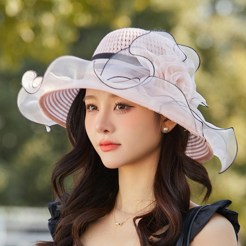 Elegant Summer Women'S Sun Hat Breathable Organdy Material Foldable Design Top Flower Organza Wide Brim Ruffled Beach Hat