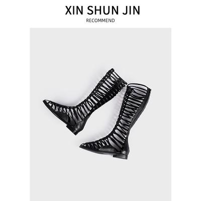 Новые летние высокие кожаные сетчатые ботинки женские на плоской подошве с вырезами на задней молнии крутые ботинки плетеные длинные сандалии