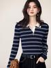 Yi*L Wool Polo Collar Striped Knitwear - Color Block Design, High-Intelligence, 2025 Autumn Collection Top (1G9932261)