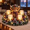 Christmas Mantel Decor Lighted Highland Cow Table Centerpiece, Resin Flickering LED Flameless Candles, Frosted Festive Dining Decorations Pine