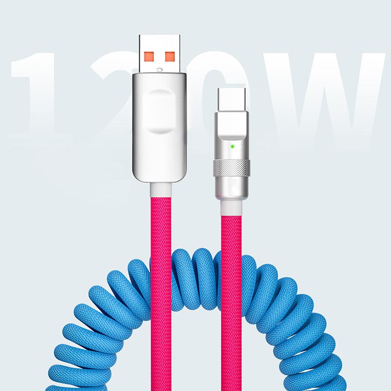 120 Вт пружинный зарядный кабель для быстрой зарядки, растягивающийся кабель для передачи данных USB-Type C, кабель для быстрой зарядки iPhone 15, Samsung, Huawei, Android