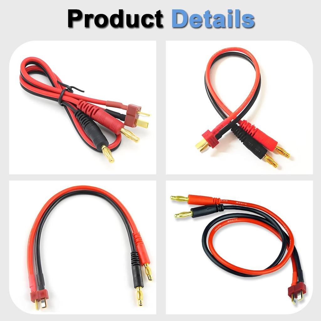 ZHUROUPU to Banana Plug Charging 14AWG Connector to Banana Silicone Cable with RC and 2-Pack T-Plug Cable, T-Plug 4mm/4.0mm Plug, 30cm/11.8-inch