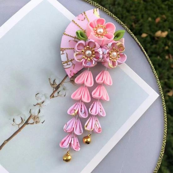 Заколка для волос в стиле веера с цветами, колокольчиками, декором из искусственного жемчуга, японское кимоно, старинная заколка для волос, аксессуары для волос