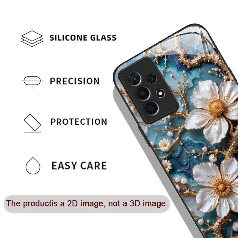 Чехол из закаленного стекла с текстурой мрамора и цветком белой камелии для Samsung Galaxy A56 A55 A54 A53 A52 A36 A14 A15 A16 A32