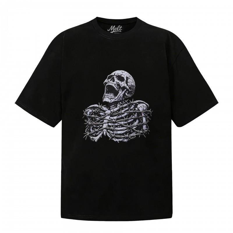 Mens Oversized Cotton Tee With Skull Graphic Print Loose Fit Casual Short Sleeve T-Shirt