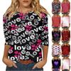 Женская мода, повседневная свободная футболка с принтом на День святого Валентина и круглым вырезом, рукав 3/4, женский топ