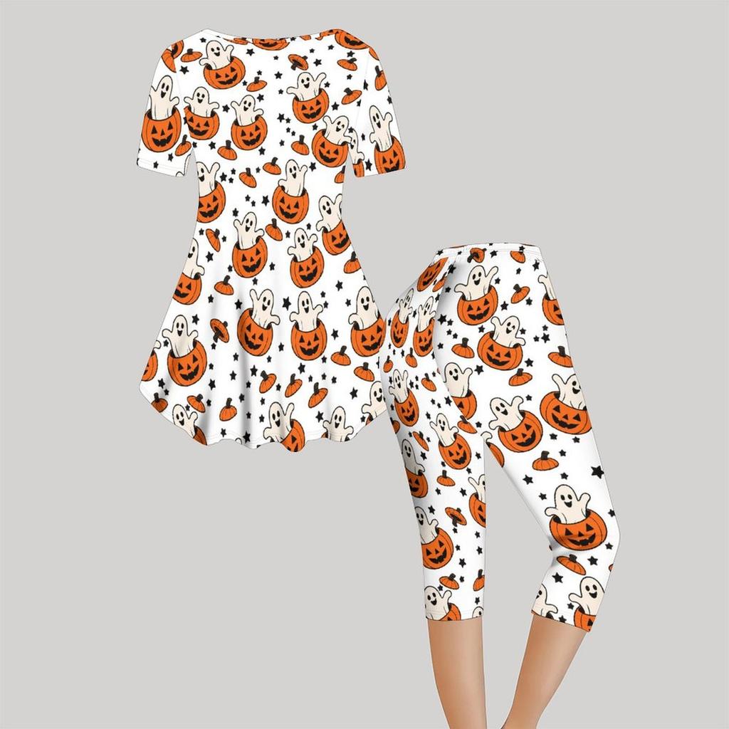 Women Plus Size White Halloween Printed Round Neck Short Sleeve Top Capri Pants Two Piece Pajama Set
