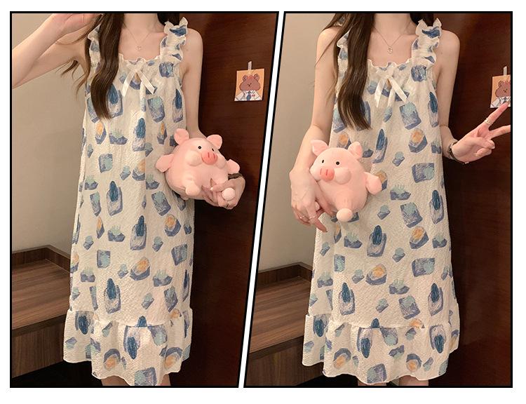 Женская летняя ночная рубашка из хлопка с пузырьками и подтяжками на груди — легкая, стильная домашняя одежда для дома и улицы