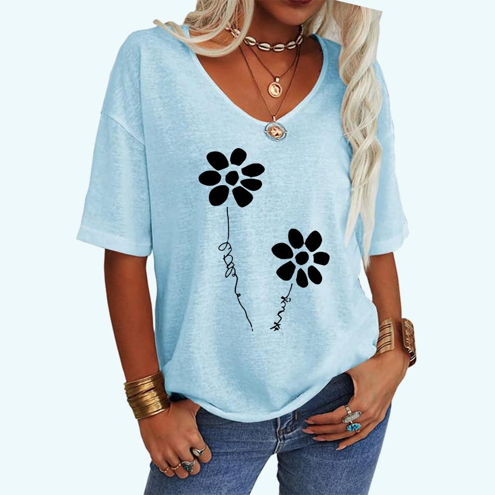 Women Fashion Loose Tee Shirt Casual V Neck Summer Top Feather Print Short Sleeve T-shirt