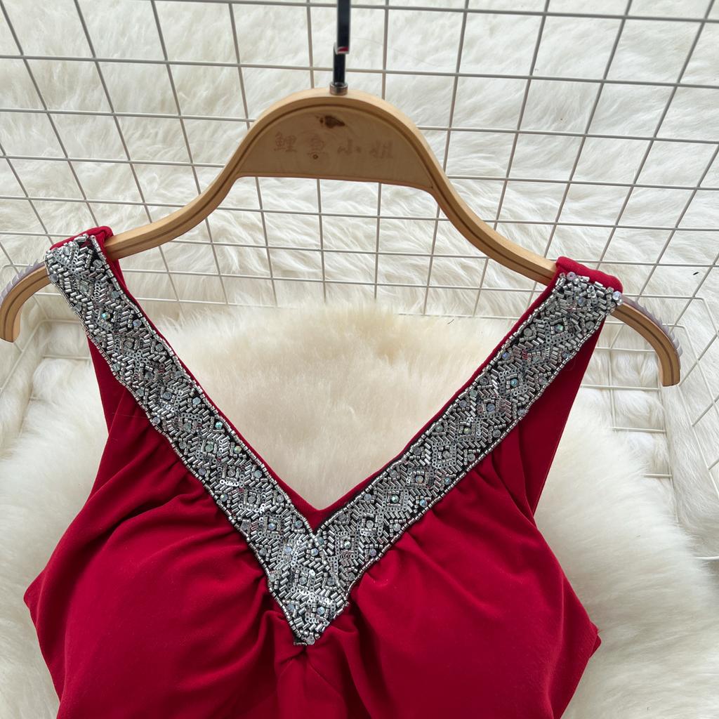 Летние женские V-образный вырез без рукавов бисерные однотонные вечерние платья-русалка с длинным миди-платьем