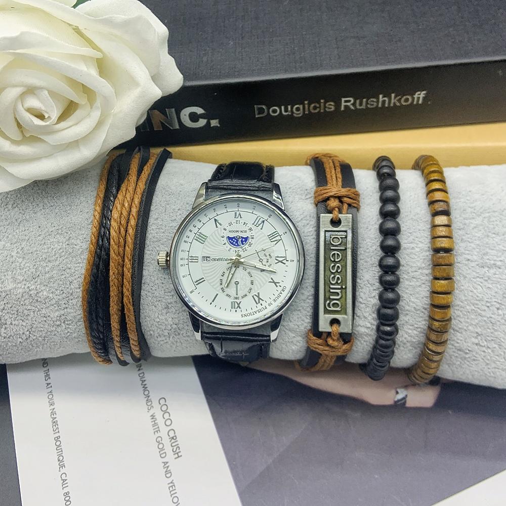 5pc New Men's Quartz Watch Luxury Week Date Display Fashion Men's Watch Include Bracelet Box for Any Scene