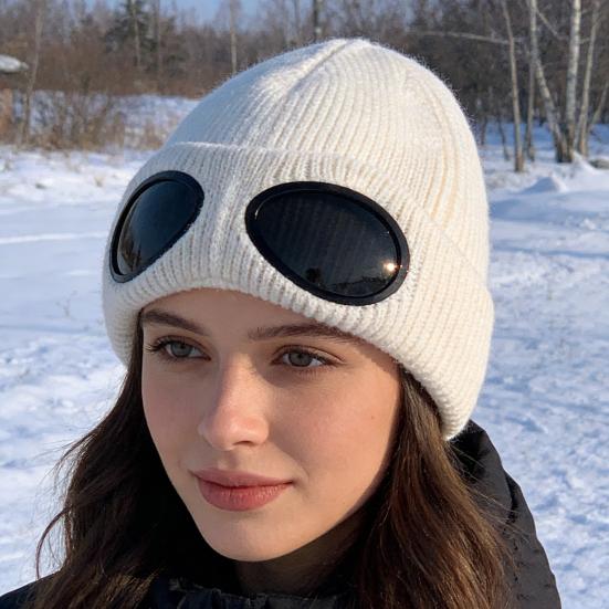 Вязаная шапка однотонная теплая вязаная шапка с декором в виде очков эластичная ветрозащитная зимняя шапка для улицы путешествий езды на велосипеде повседневная носка